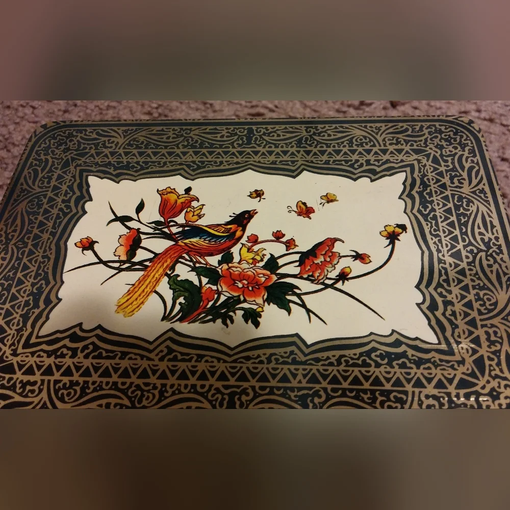Vintage Tin Decorative Tin Bird Motif Floral Pattern Hong Kong